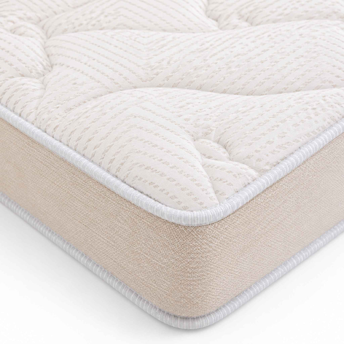 Détail du tissu matelassé, du passepoil blanc et du côté beige du matelas Bultex Easy Light