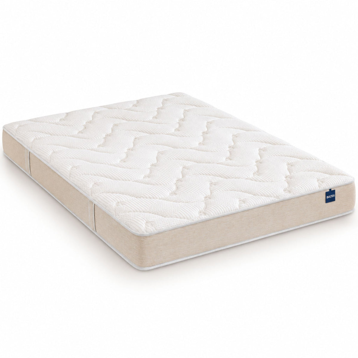 Détail du tissu matelassé, du passepoil blanc et du côté beige du matelas Bultex Easy Light