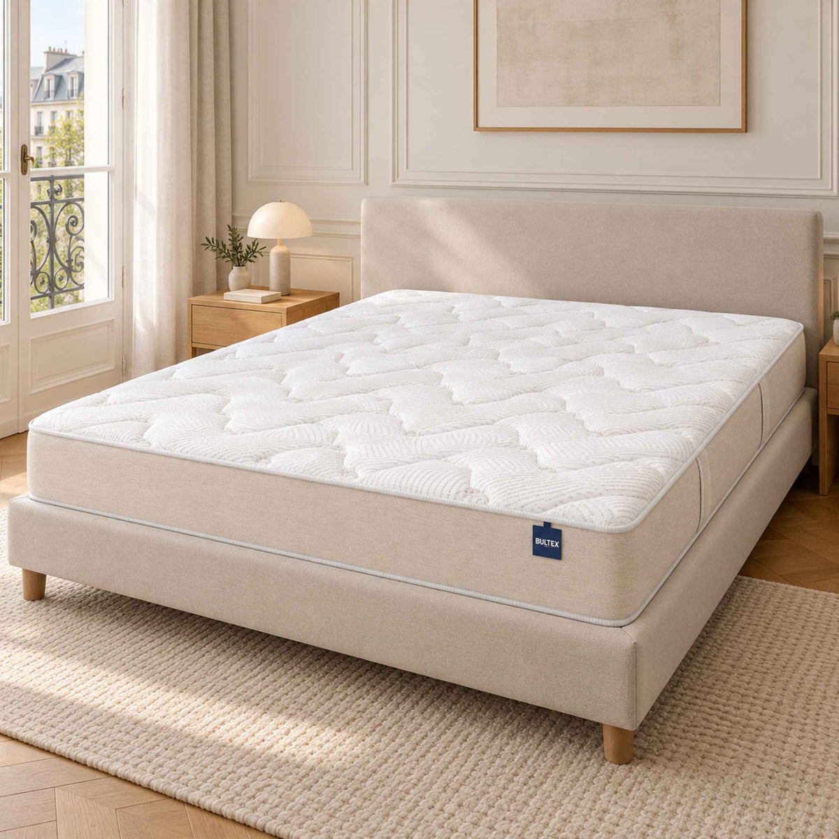 Matelas Bultex Easy Light installé sur un sommier beige dans une chambre lumineuse