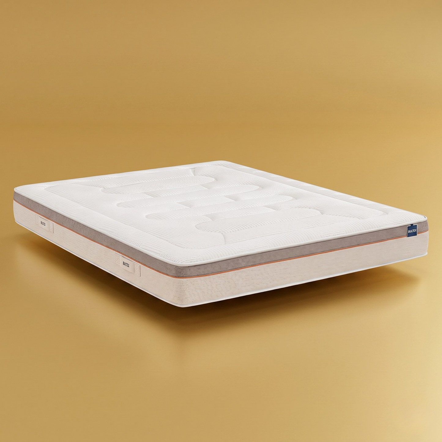 Matelas Bultex Easy Wake : technologie Bultex Nano et design bicolore premium avec liseré orange sur fond doré.