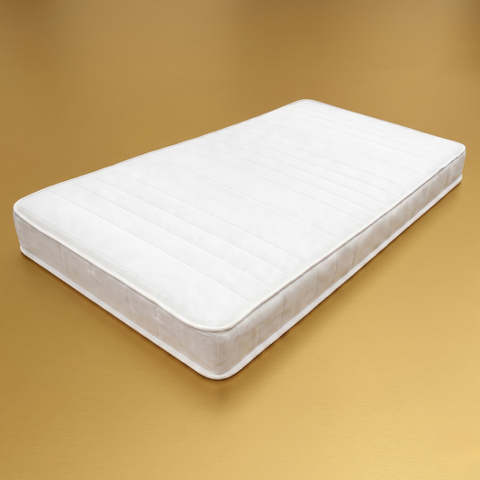 Matelas blanc réversible Flocotex avec logo Fabriqué en France, soutien très ferme et accueil moelleux.