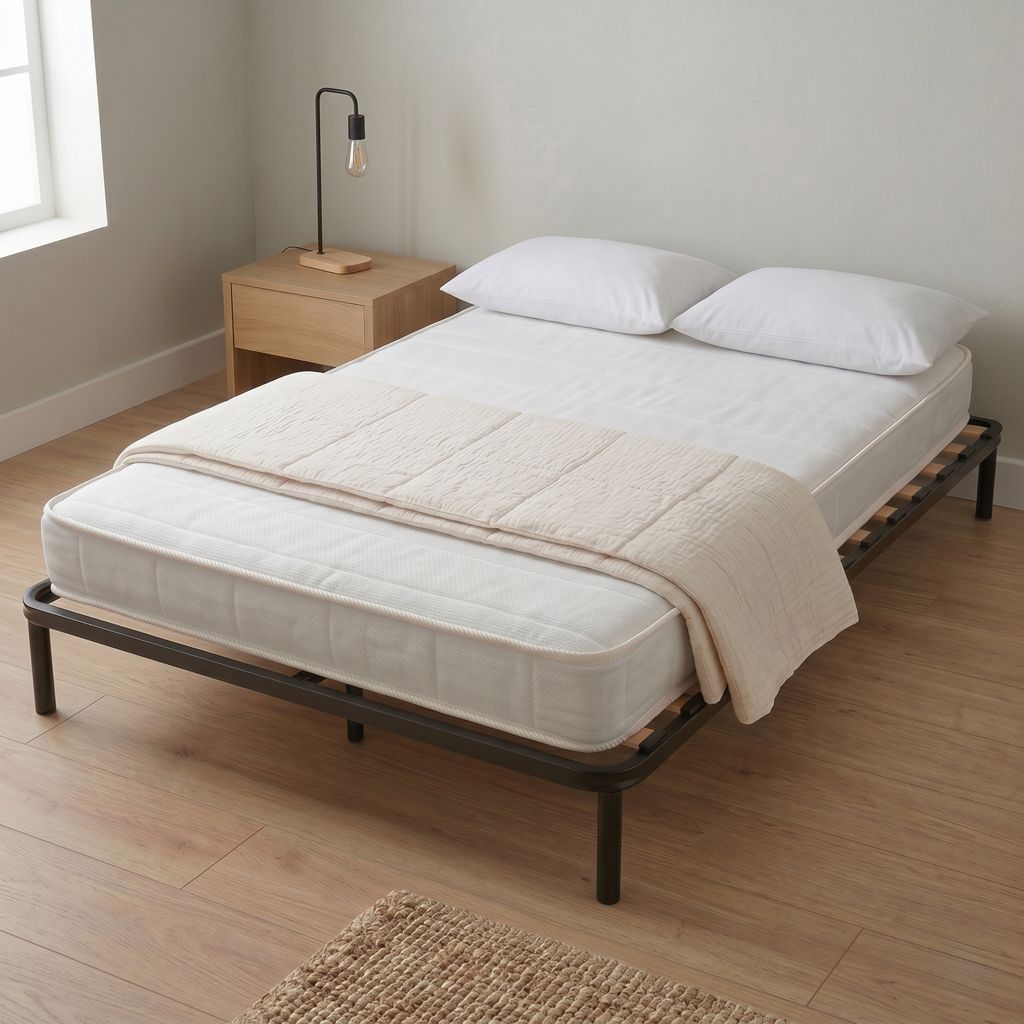 Matelas blanc Flocotex, soutien très ferme et accueil moelleux.