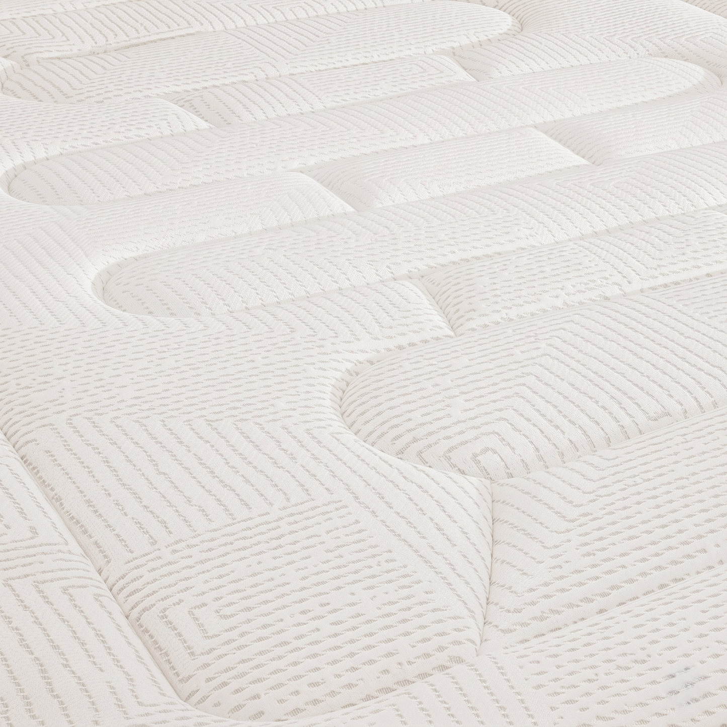 Gros plan texturé de la surface d'un matelas Bultex Easy Wake, montrant son motif de surpiqûres géométriques complexes et son tissu respirant.